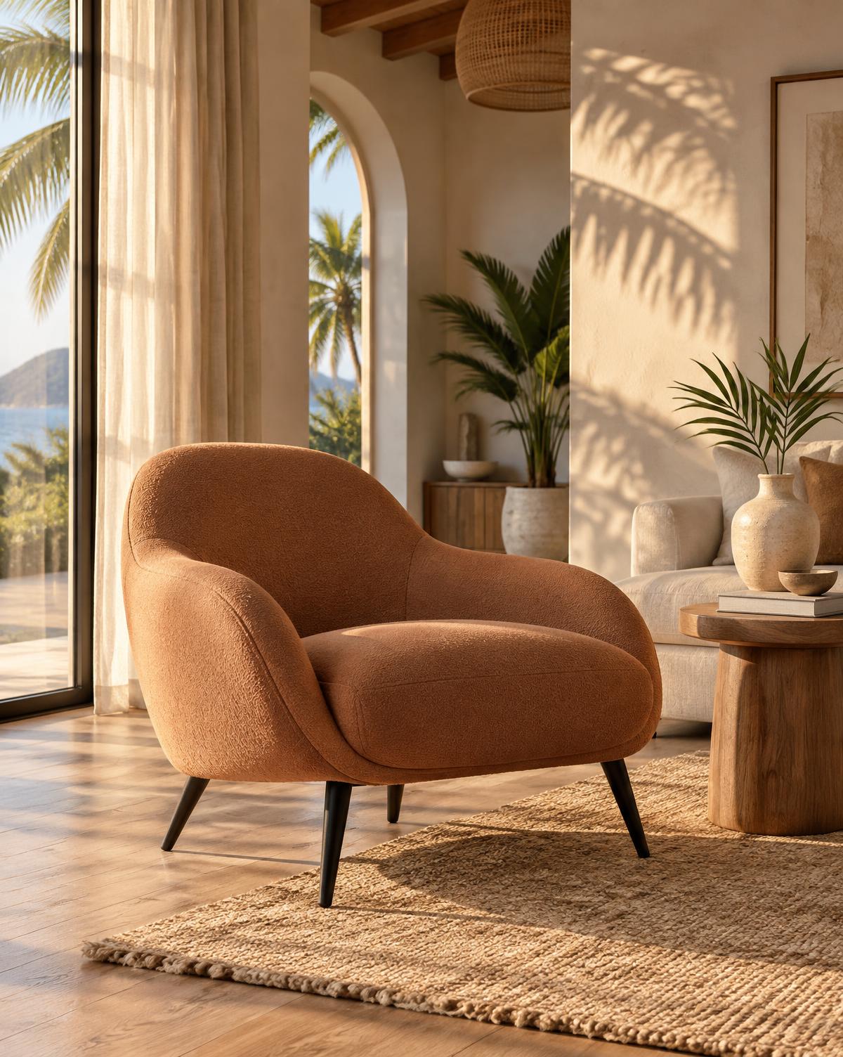 Warm terracotta sculptural lounge chair in a sunlit Caribbean living room